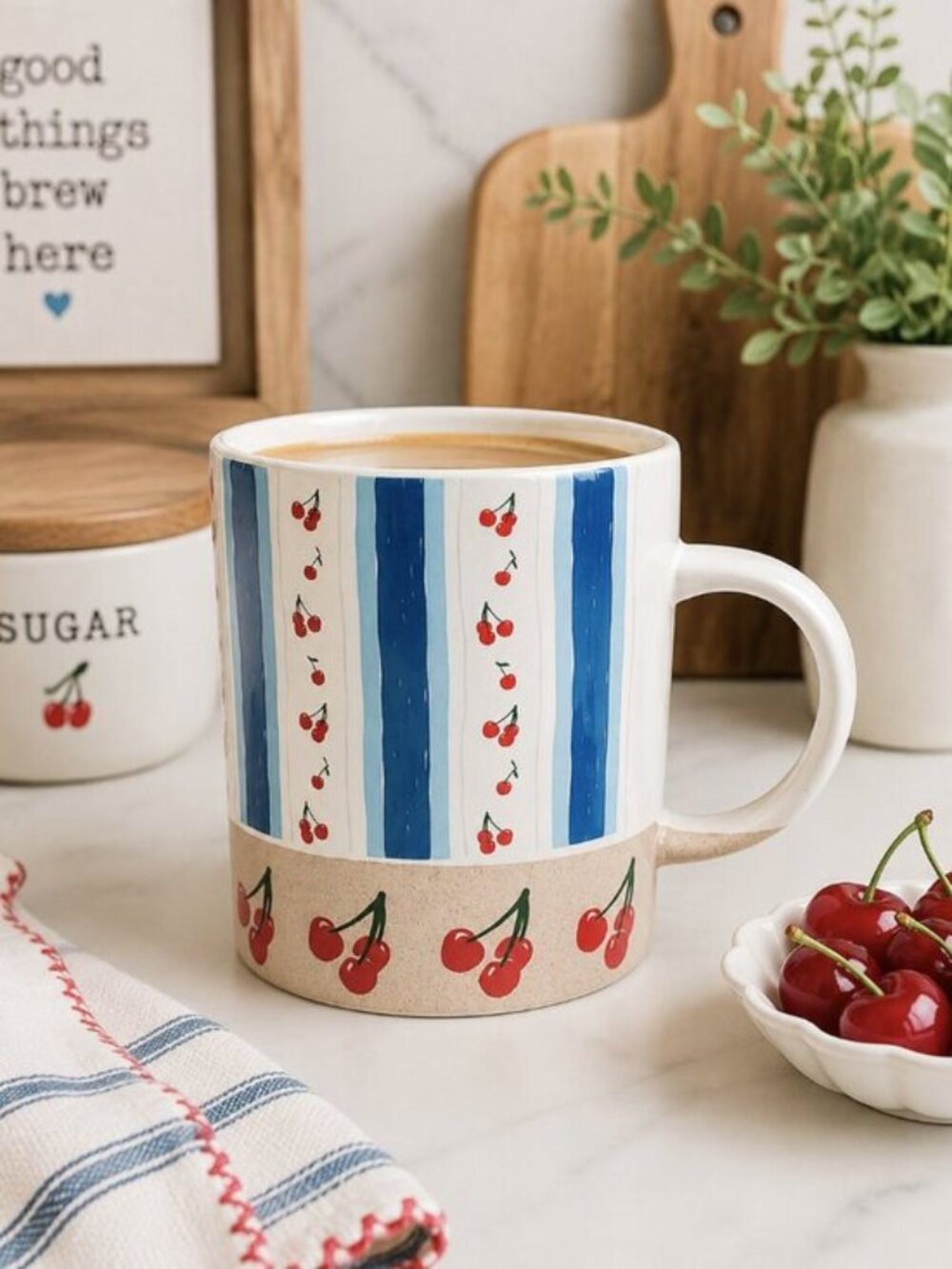Prima Design Sweet Cherry Bistro Stripe Coffee Mug 20 Oz Ceramic NWOT